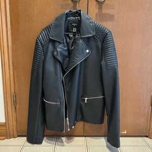 Forever 21 Black Quilted-Shoulder Faux Leather Bomber Jacket